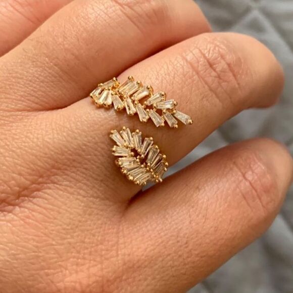 Crystal / Gold Leaf Open Adjustable Ring, Gold Leaf Statement Ring - Picture 3 of 6